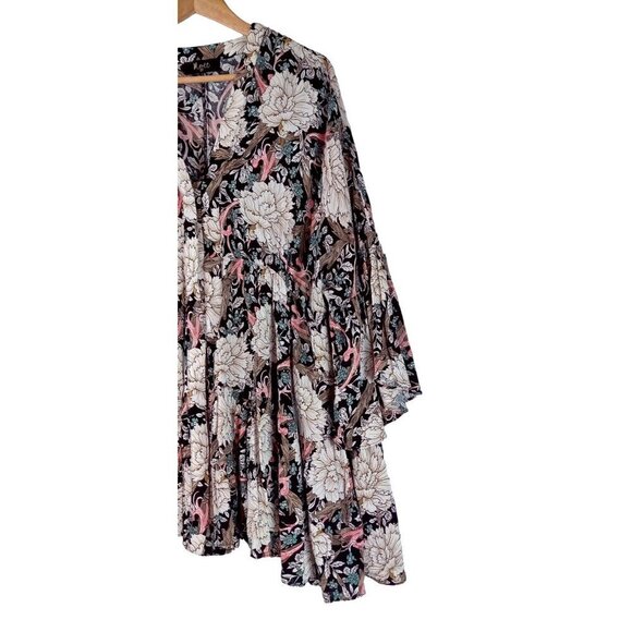 Meritt Floral Mini Dress Full Sleeves Gathered Black Multi Boho Cottage Peasant - Picture 11 of 14